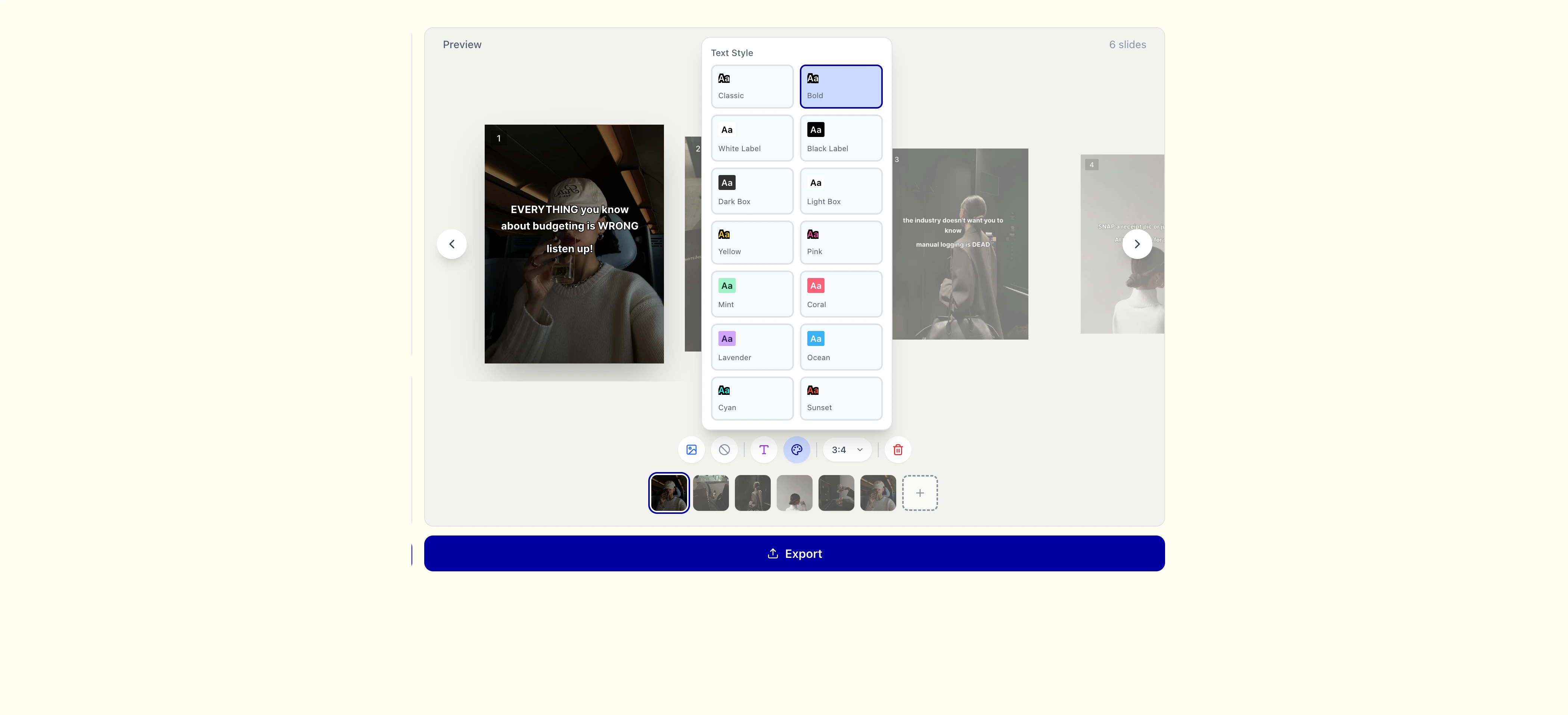 The Reeli slide editor with text style options